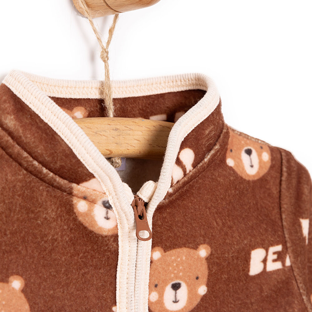 Erkek Bebek Polar Hırka Metraj Baskılı Fermuarlı Hakim Yaka Uzun Kol