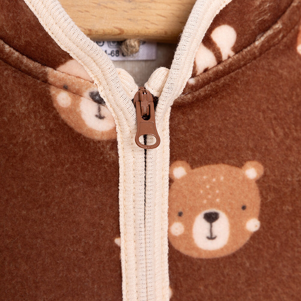 Erkek Bebek Polar Hırka Metraj Baskılı Fermuarlı Hakim Yaka Uzun Kol