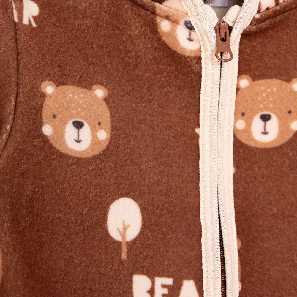 Erkek Bebek Polar Hırka Metraj Baskılı Fermuarlı Hakim Yaka Uzun Kol