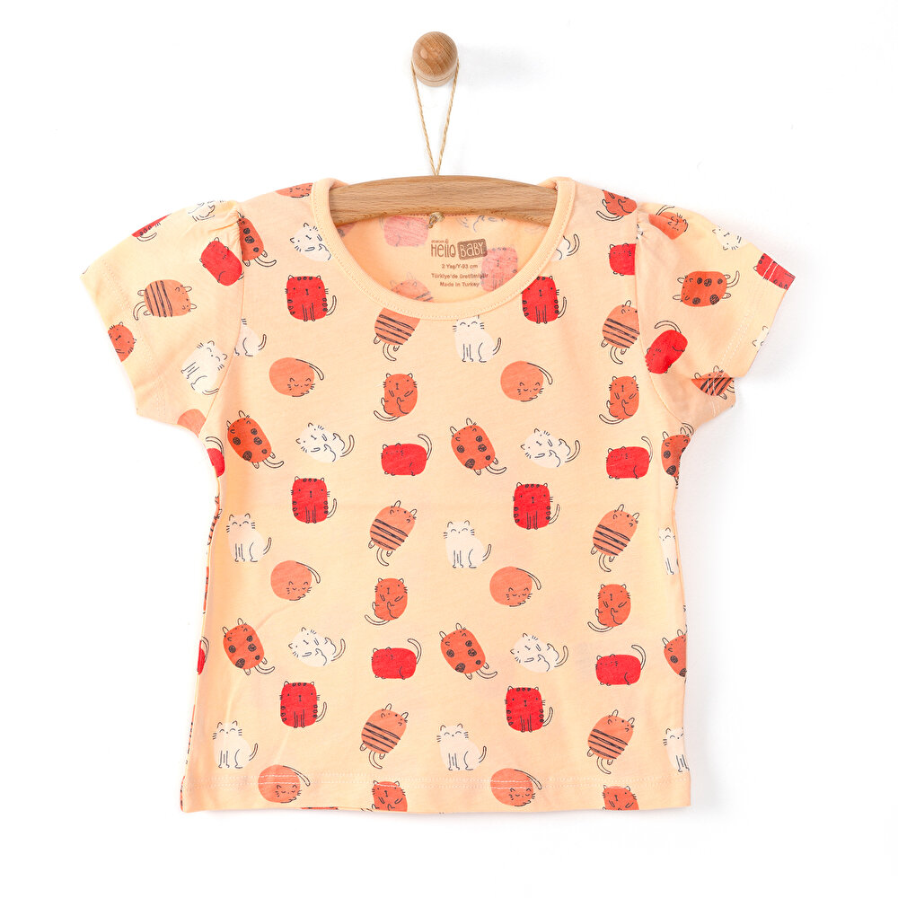Basic Renkli Kedi Baskılı Tshirt Kız Bebek