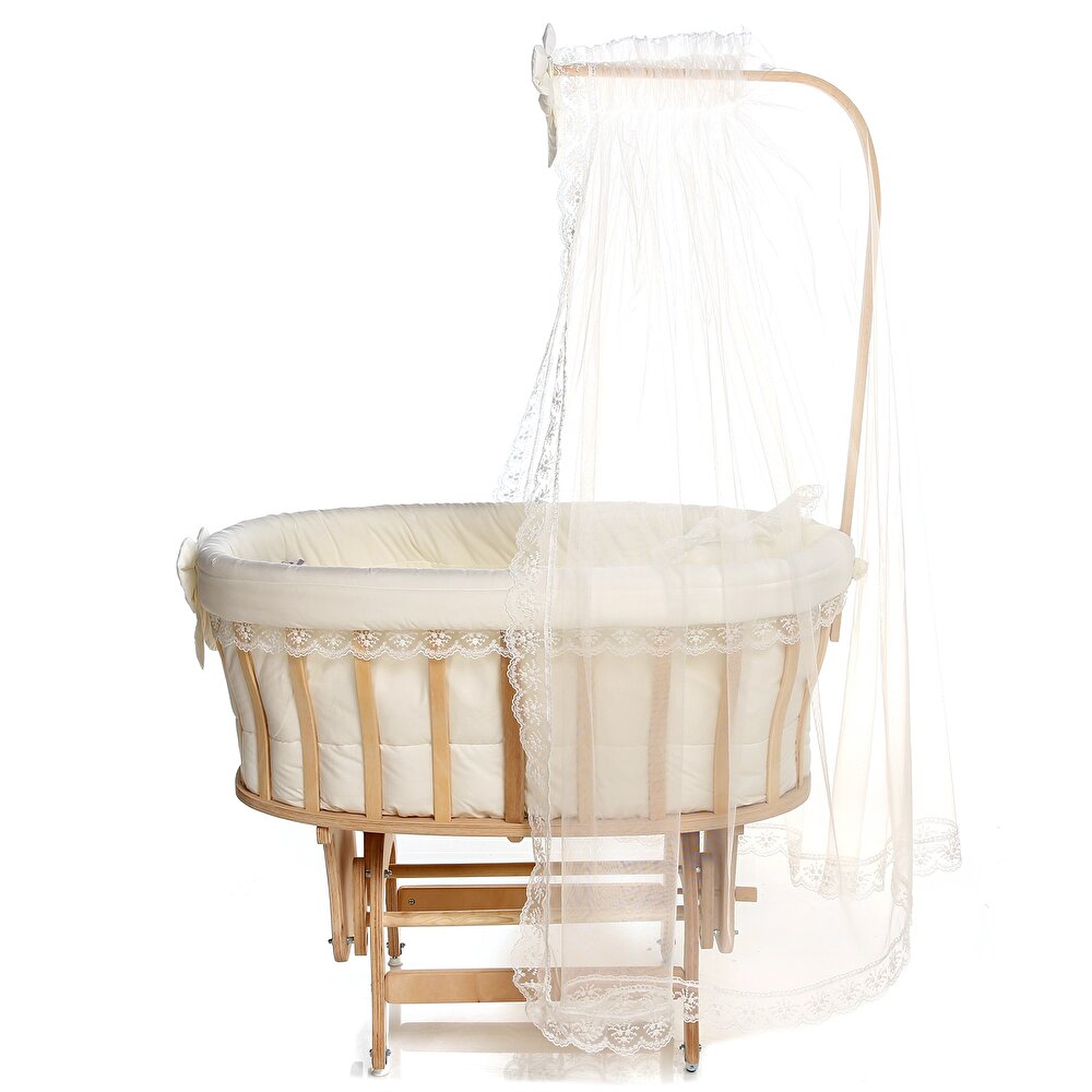 Doğal Ahşap Sallanabilir Anne Yanı Sepet Beşik Krem