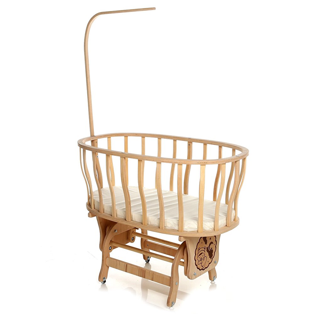 Doğal Ahşap Sallanabilir Anne Yanı Sepet Beşik Krem