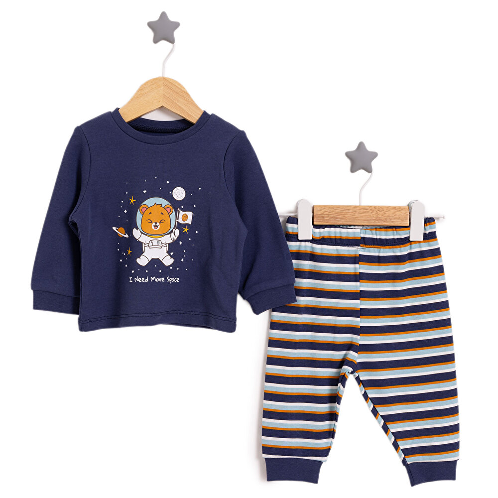 Erkek Bebek Pijama Takım İnterlok Hayvan Desenli Bisiklet Yaka Uzun Kol Lacivert