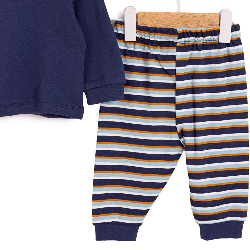 Erkek Bebek Pijama Takım İnterlok Hayvan Desenli Bisiklet Yaka Uzun Kol Lacivert