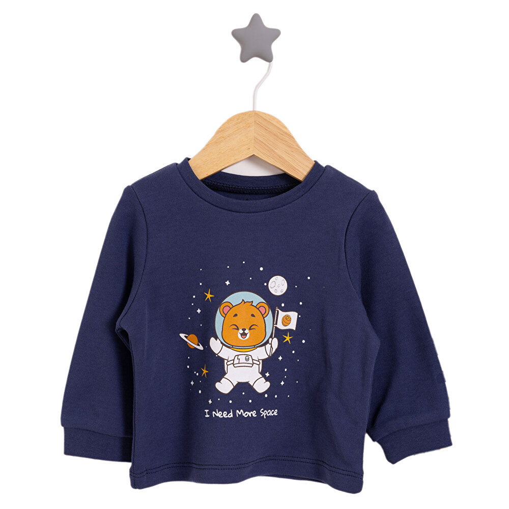 Erkek Bebek Pijama Takım İnterlok Hayvan Desenli Bisiklet Yaka Uzun Kol Lacivert