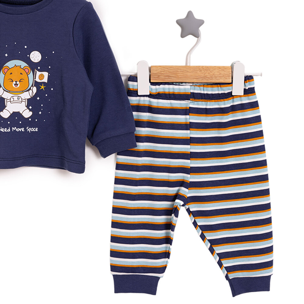 Erkek Bebek Pijama Takım İnterlok Hayvan Desenli Bisiklet Yaka Uzun Kol Lacivert
