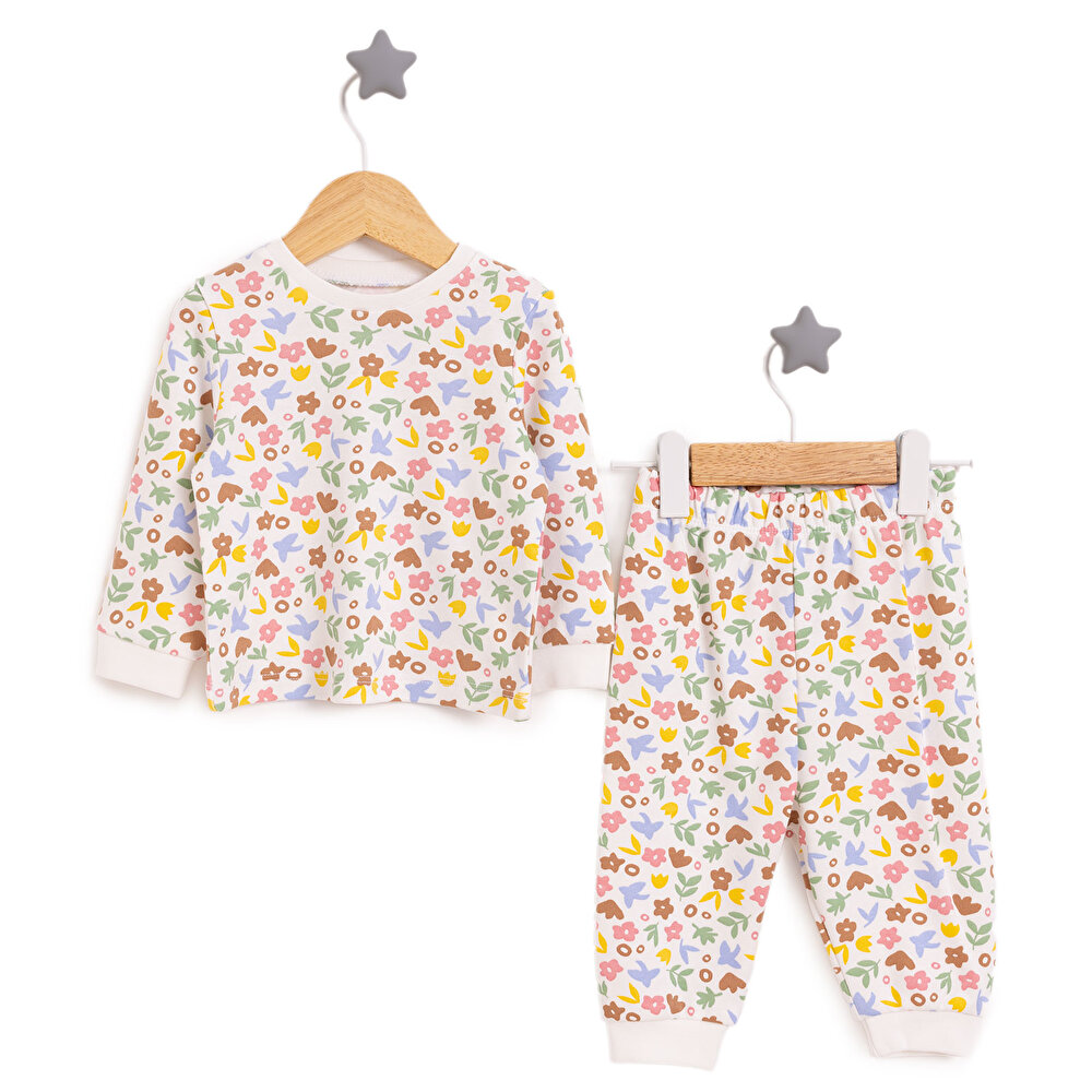Bisiklet Yaka Çiçek Renkli Pijama Takımı Kız Bebek