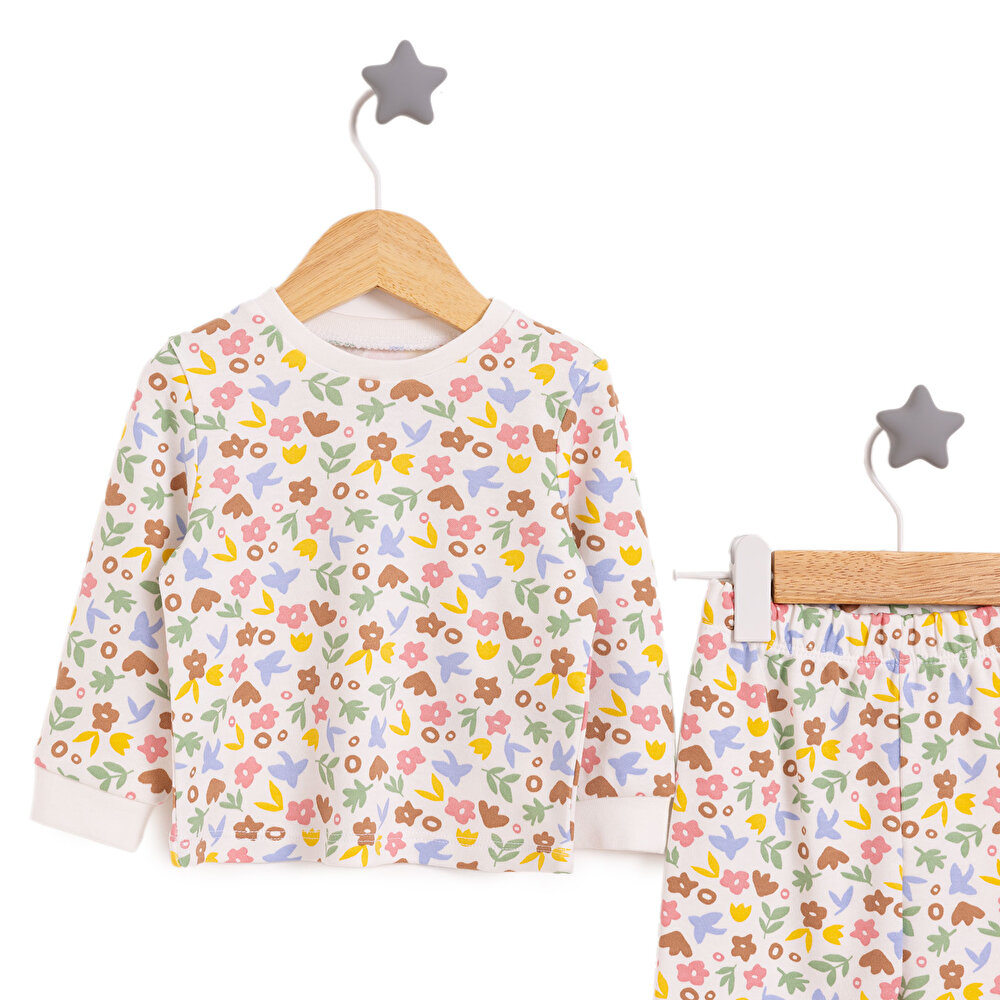 Bisiklet Yaka Çiçek Renkli Pijama Takımı Kız Bebek