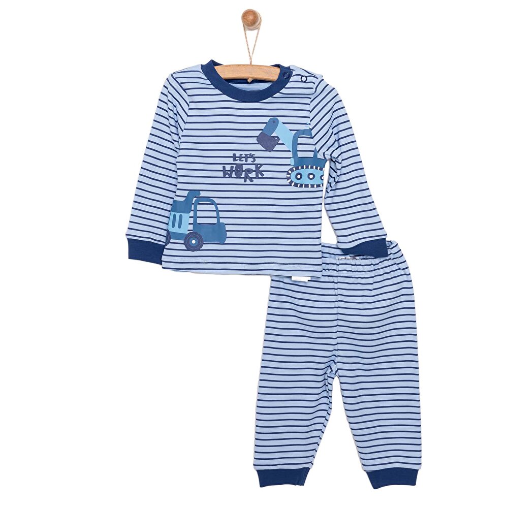 Erkek Bebek  Pijama takımı  Kepçe Desenli Bisiklet Yaka Uzun Kol Koyu Mavi