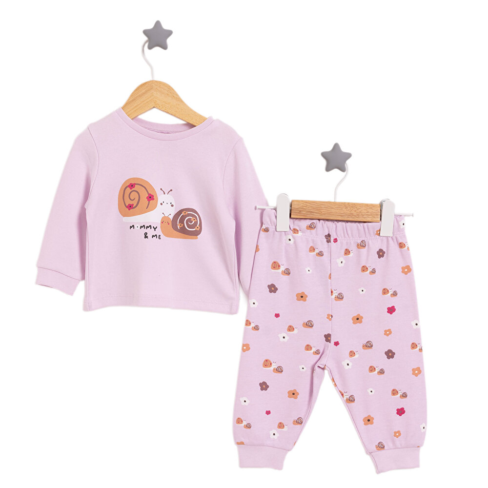 Kız Bebek Pijama Takım Salyangoz Desen Bisiklet Yaka Uzun Kol Lilla