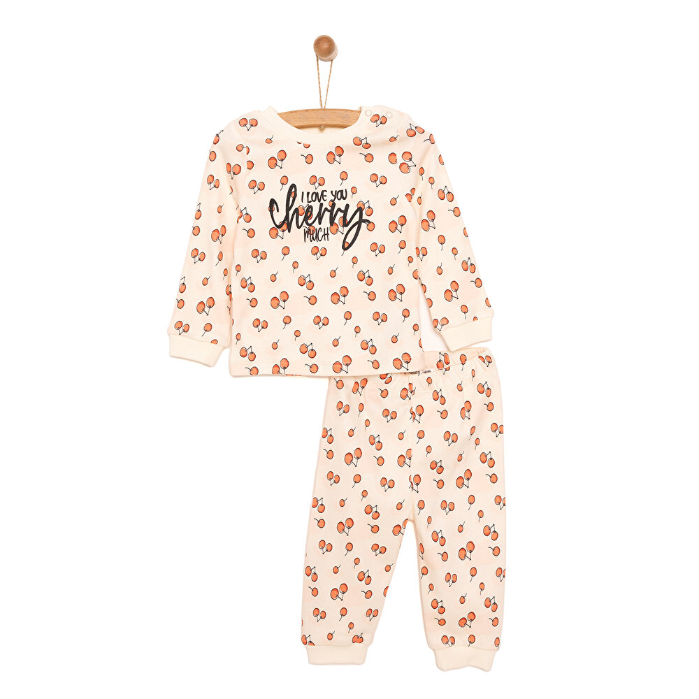 Kız Bebek Pijama Takım İnterlok Vişne Desen Çıtçıtlı Bisiklet Yaka Uzun Kol Pembe