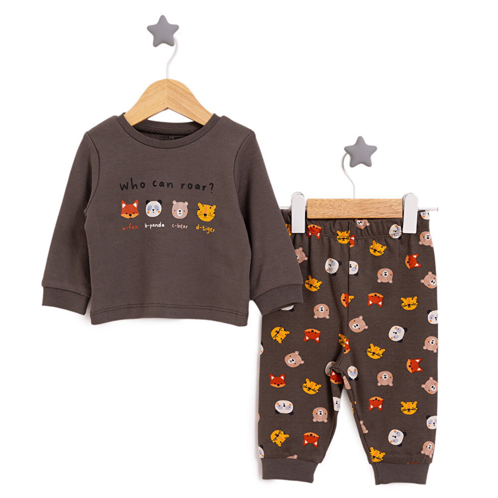 Erkek Bebek Pijama Takım İnterlok Hayvan Desen Bisiklet Yaka Uzun Kol Haki