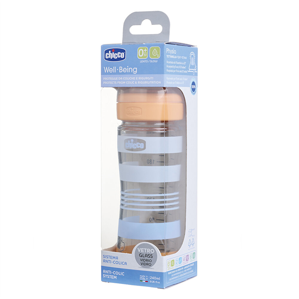 Wellbeing Yavaş Akış Mavi Cam Biberon 240 ml 0+ Ay