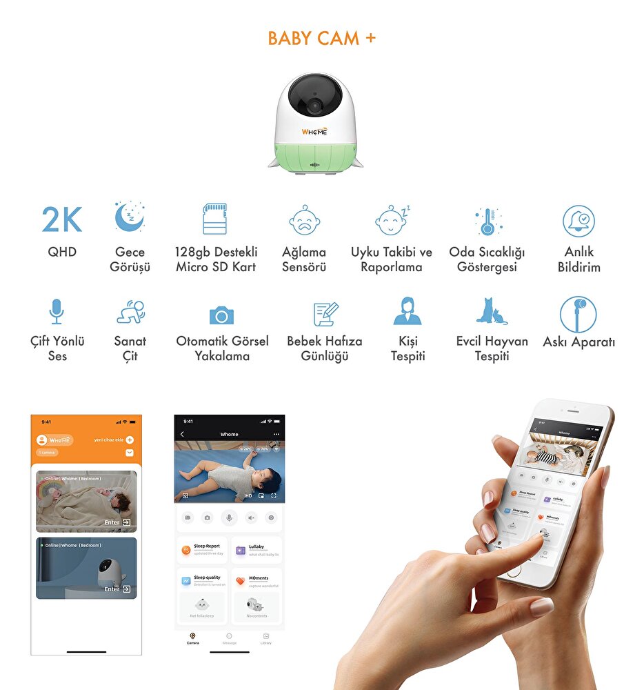 Botech Whome Yapay Zeka Destekli  360° Bebek Kamerası Gece Görüşlü (Yeşil)