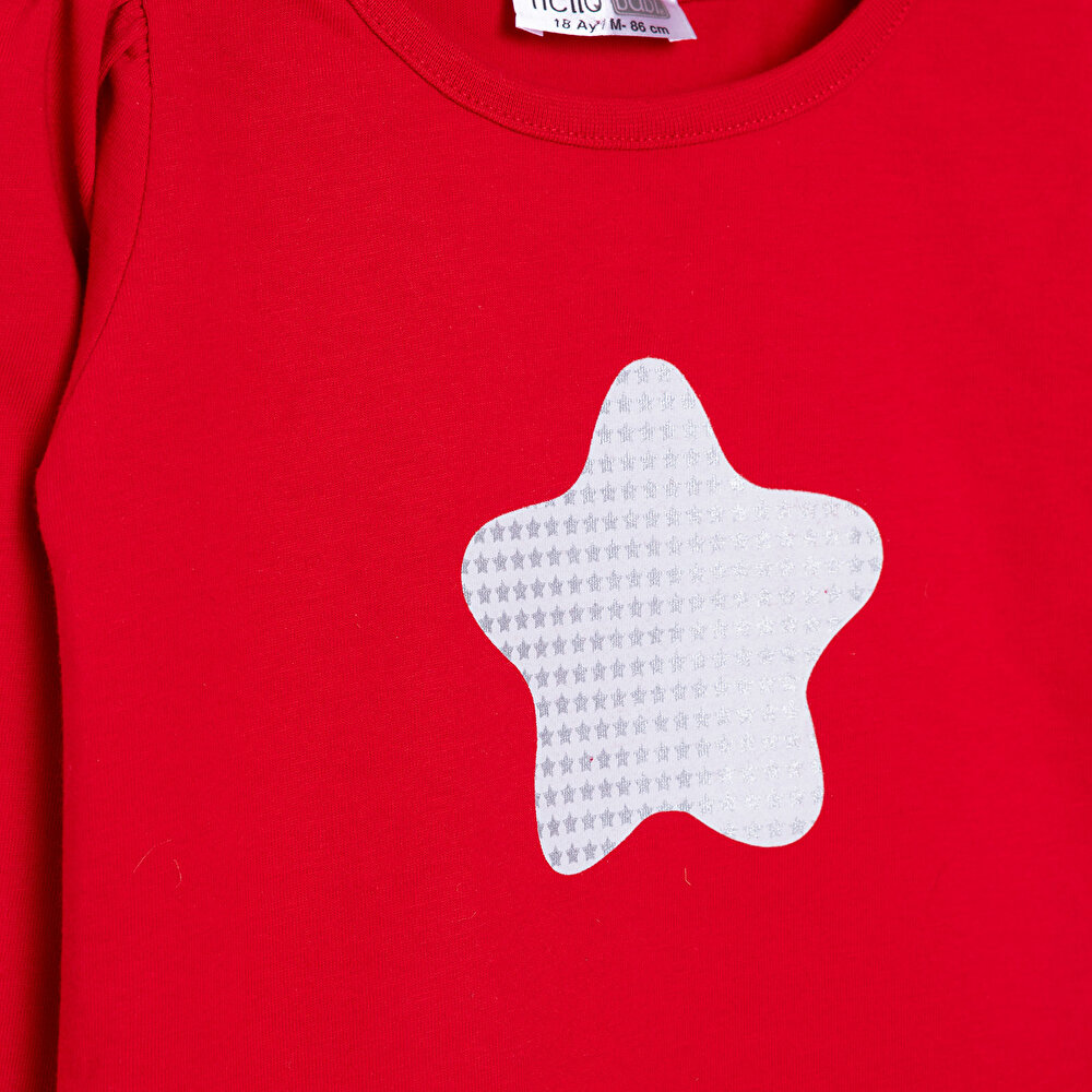 Kız Bebek Tshirt Yıldızlı Celebration Bisiklet Yaka Uzun Kol Kırmızı