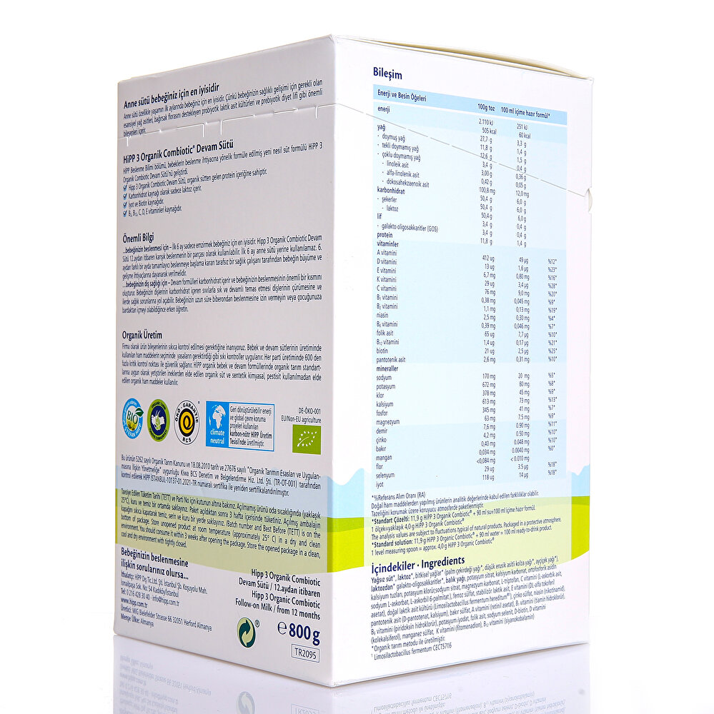3 Organik Combiotic Çocuk Devam Sütü 800 gr 1+ Yaş