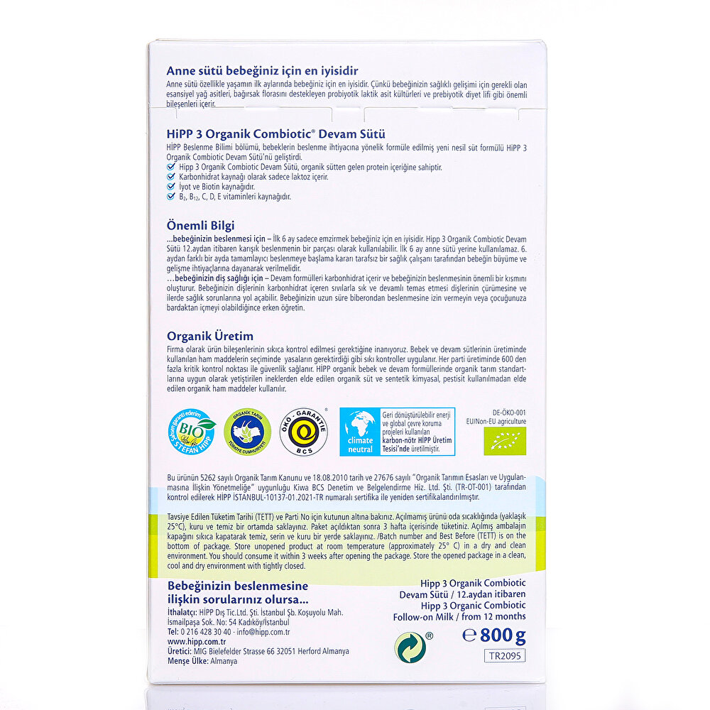 3 Organik Combiotic Çocuk Devam Sütü 800 gr 1+ Yaş
