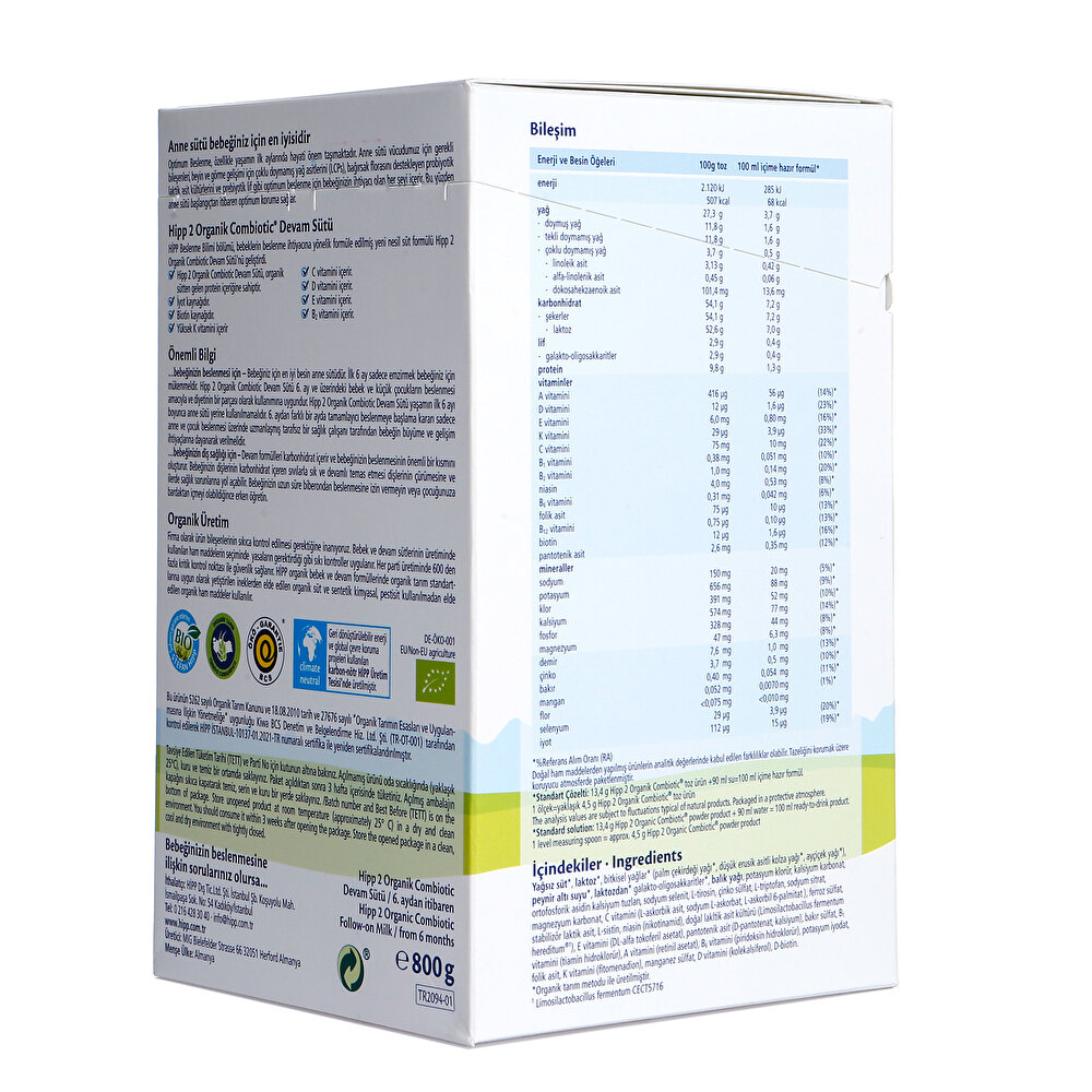 2 Organik Combiotic Devam Sütü 800 gr 6-12 Ay