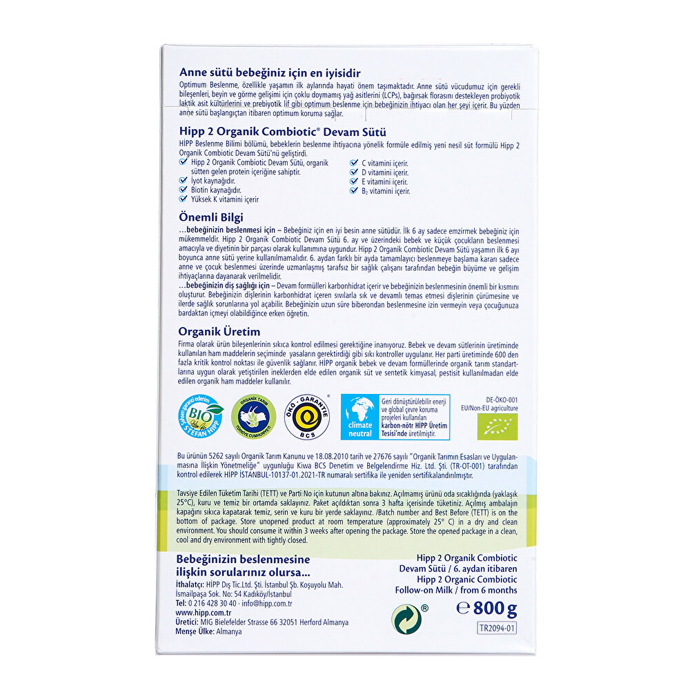 2 Organik Combiotic Devam Sütü 800 gr 6-12 Ay