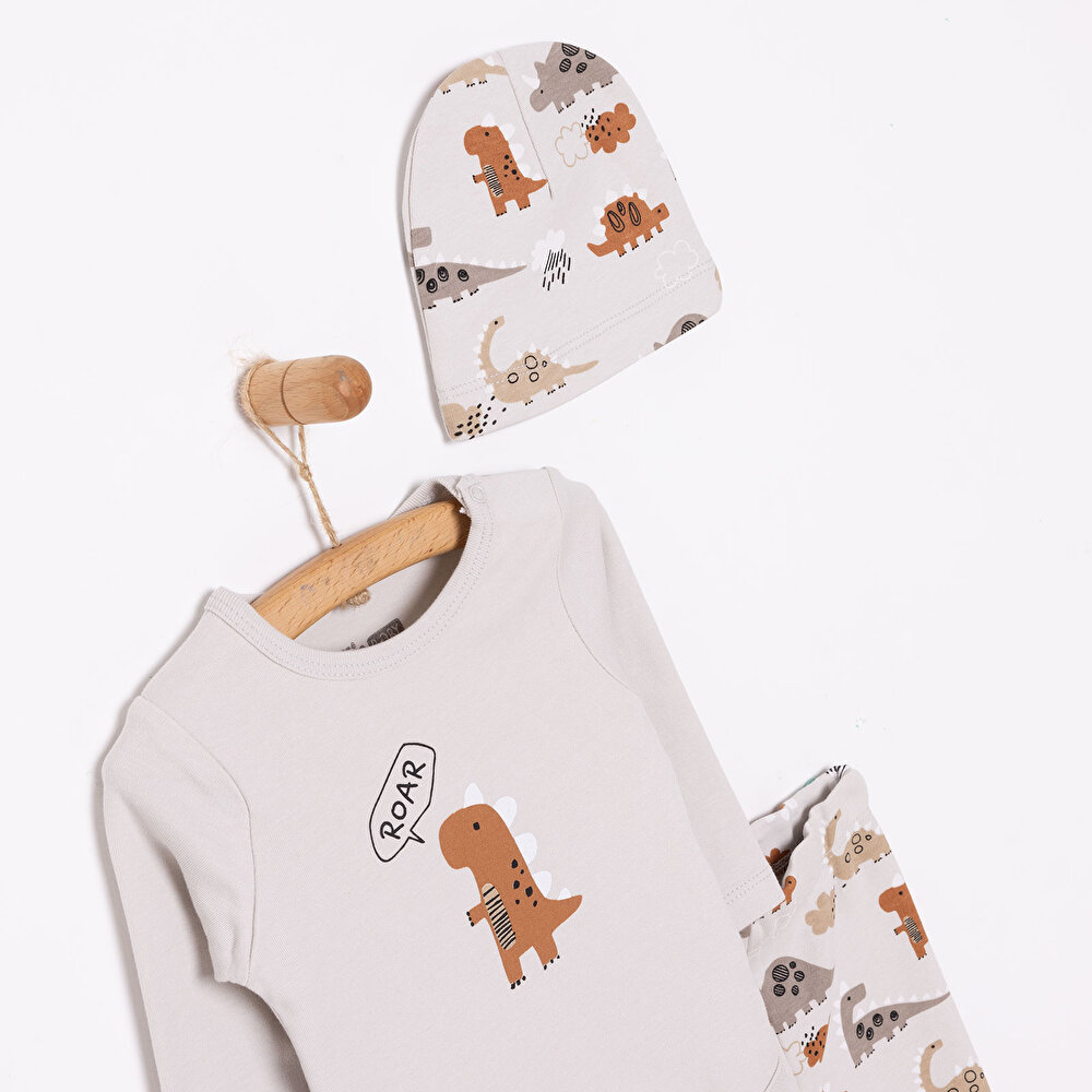 Dinazor Baskılı Yenidoğan Erkek Body-Patikli Alt-Şapka Erkek Bebek