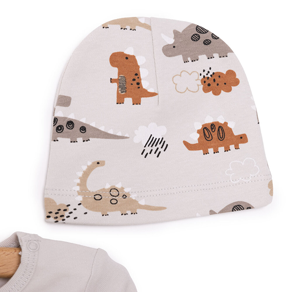 Dinazor Baskılı Yenidoğan Erkek Body-Patikli Alt-Şapka Erkek Bebek