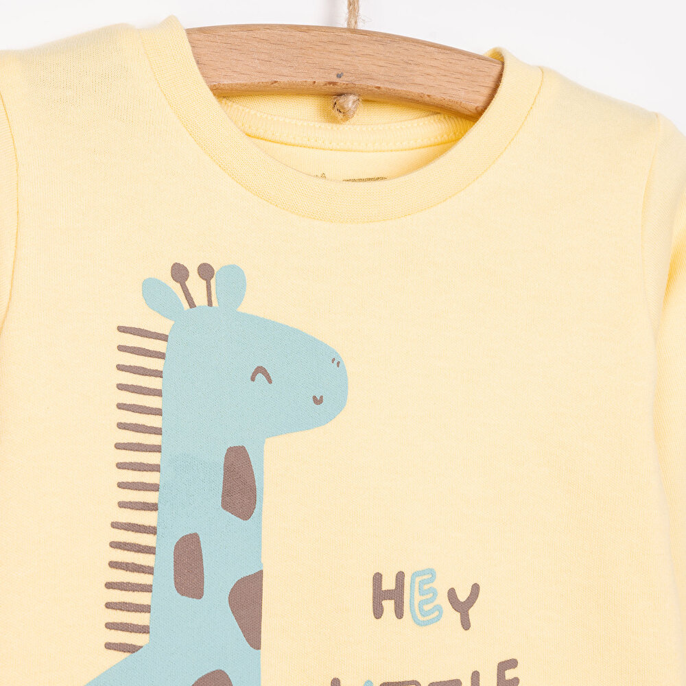 Erkek Bebek Pijama Takım Kaşkorse Dinazor Baskılı Bisiklet Yaka Uzun Kol Sarı
