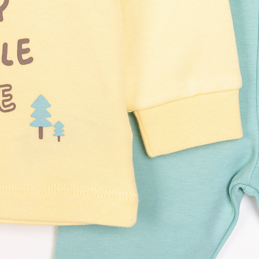 Erkek Bebek Pijama Takım Kaşkorse Dinazor Baskılı Bisiklet Yaka Uzun Kol Sarı