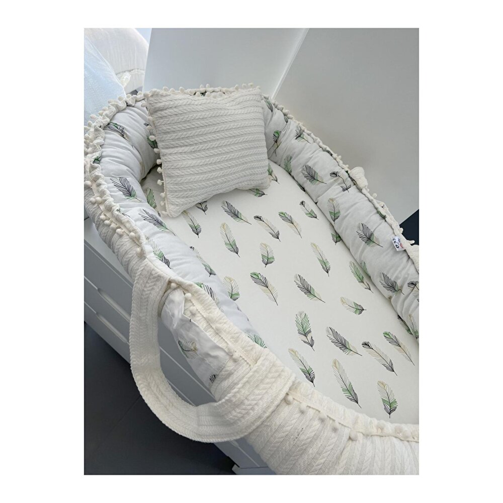 Organik Örgü Kumaş Lüks Babynest Anne Yanı Yatak, Tüy Desenli