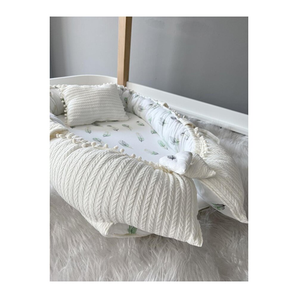 Organik Örgü Kumaş Lüks Babynest Anne Yanı Yatak, Tüy Desenli