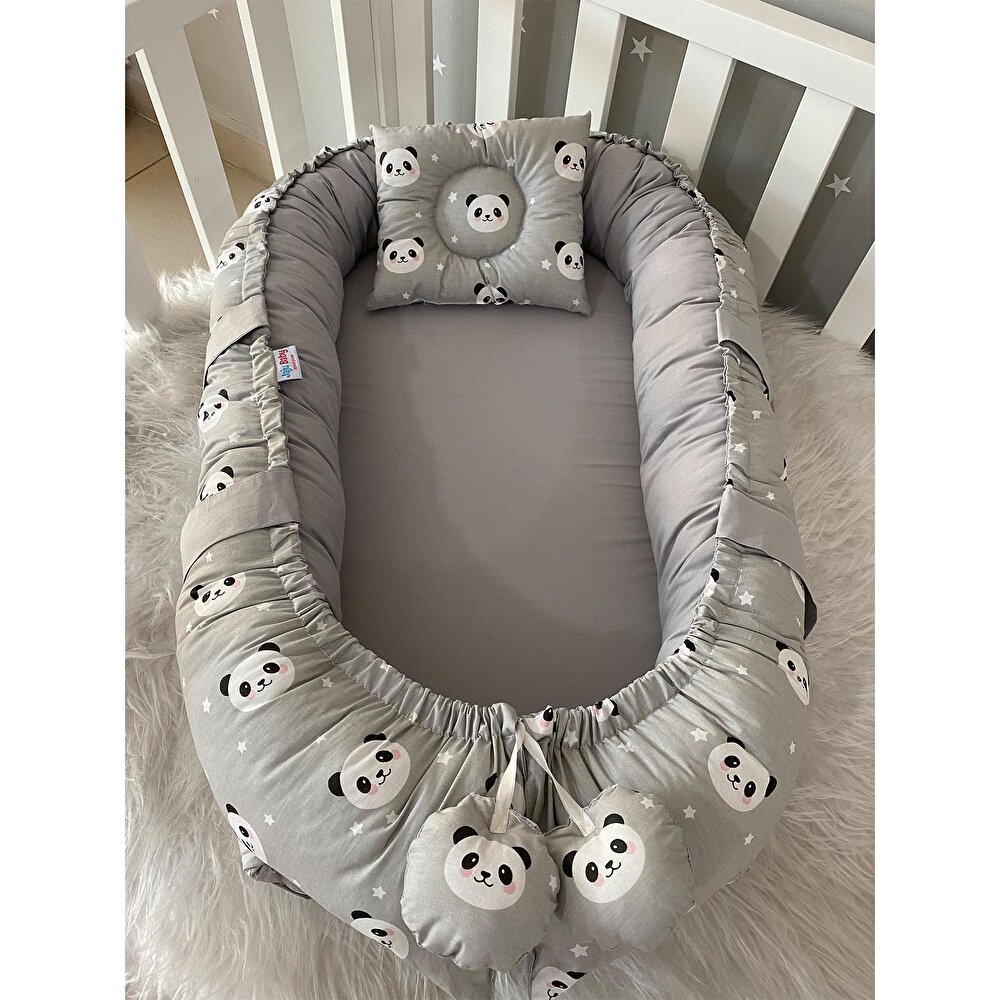 Nest Gri Panda Babynest Lüx Tasarım Ortopedik Nest Bebek Yatağı Anne Yanı Bebek Yatağı