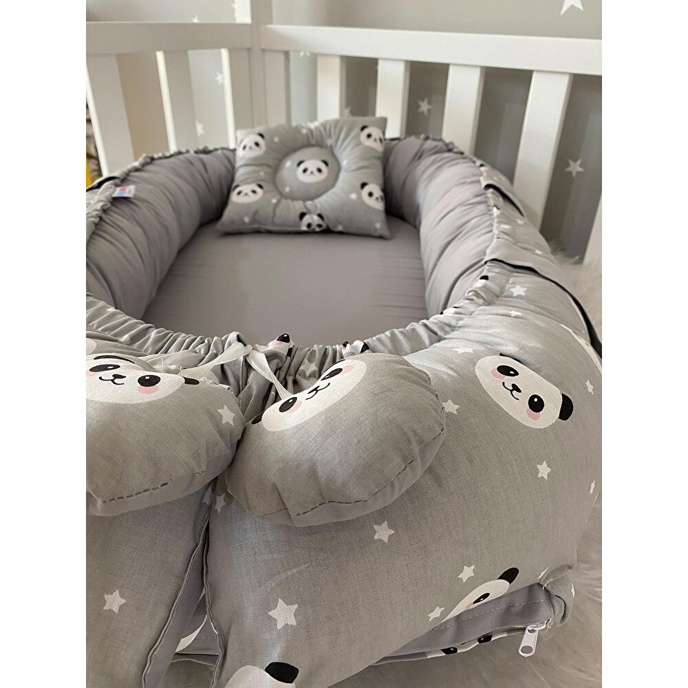 Babynest Lüks Tasarım Ortopedik Anne Yanı Bebek Yatağı Gri Panda