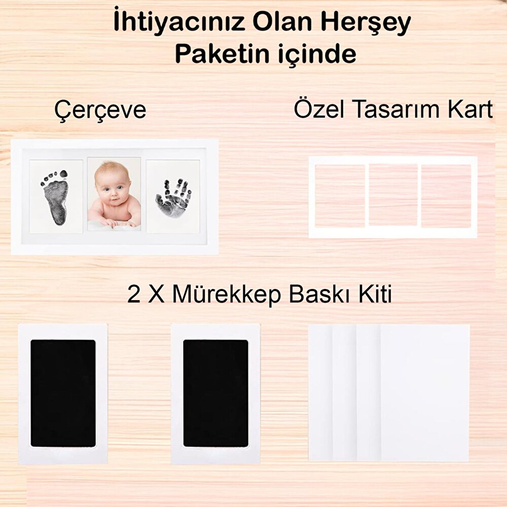 Bebek El Ayak İzi Seti, Temassız Mürekkep Baskı Kiti (2 Adet) ve Yenidoğan Hediye Anı Çerçevesi