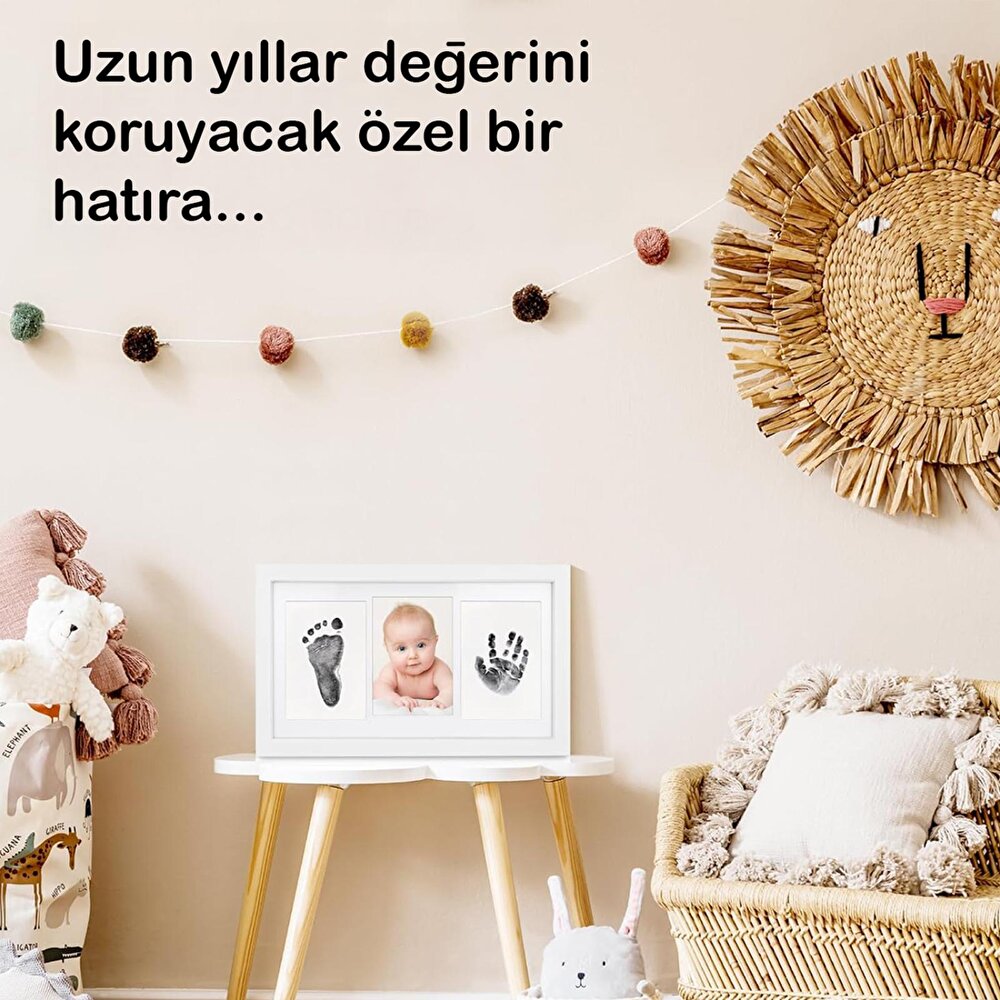 Bebek El Ayak İzi Seti, Temassız Mürekkep Baskı Kiti (2 Adet) ve Yenidoğan Hediye Anı Çerçevesi