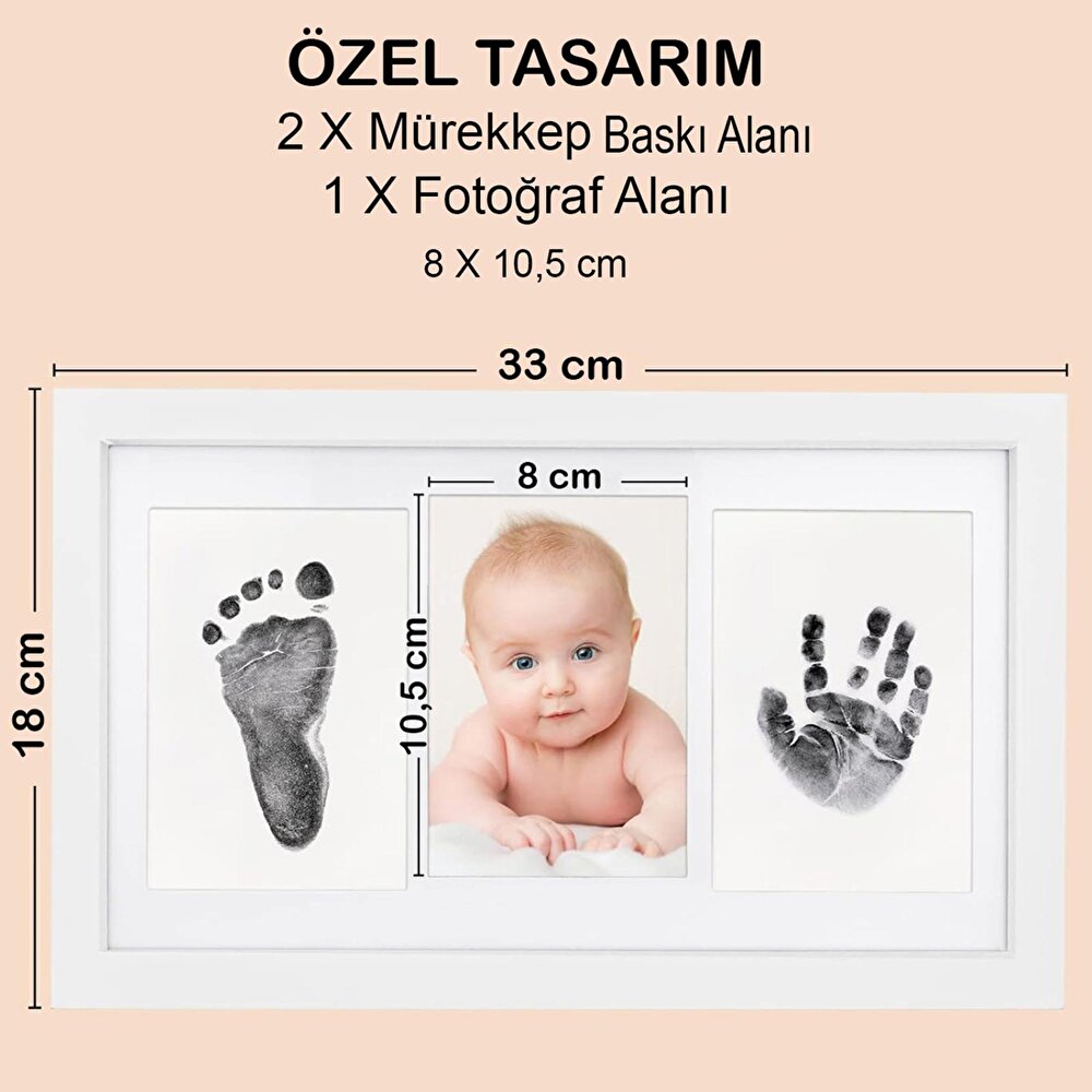 Bebek El Ayak İzi Seti, Temassız Mürekkep Baskı Kiti (2 Adet) ve Yenidoğan Hediye Anı Çerçevesi