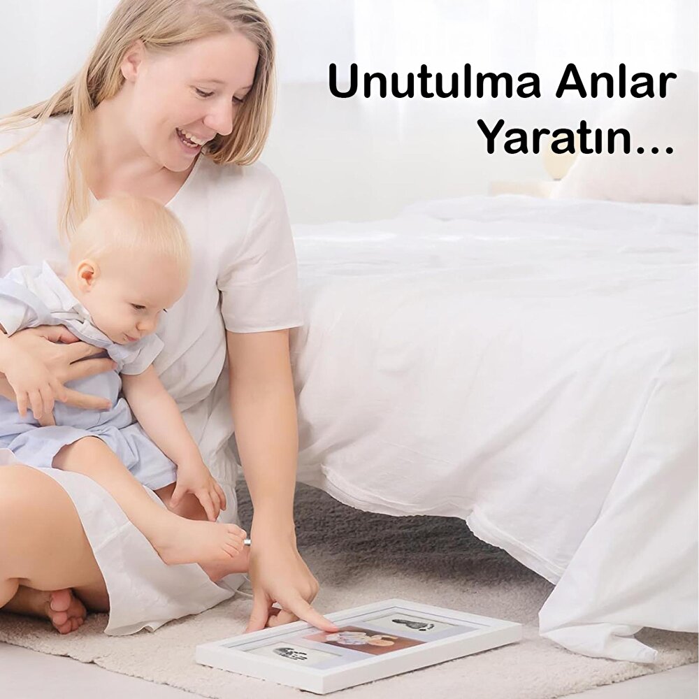 Bebek El Ayak İzi Seti, Temassız Mürekkep Baskı Kiti (2 Adet) ve Yenidoğan Hediye Anı Çerçevesi
