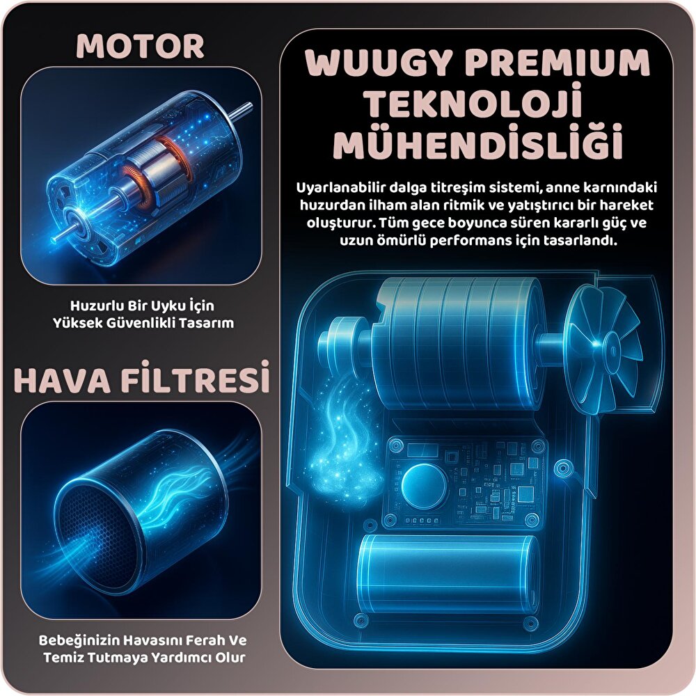 Bebek Uyku Asistanı – Taşınabilir, Titreşimli, Melodili, Beyaz Gürültülü, Hava Filtreli Uyku Yardımcısı
