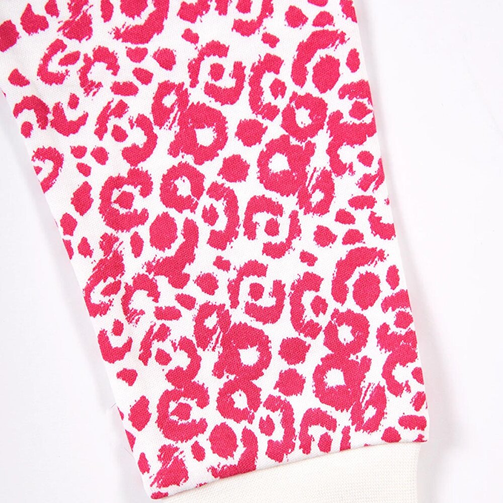 Kız Leopar Desen Çocuk Pijama Takımı Yaka Ribanalı Paça Uzun Kol