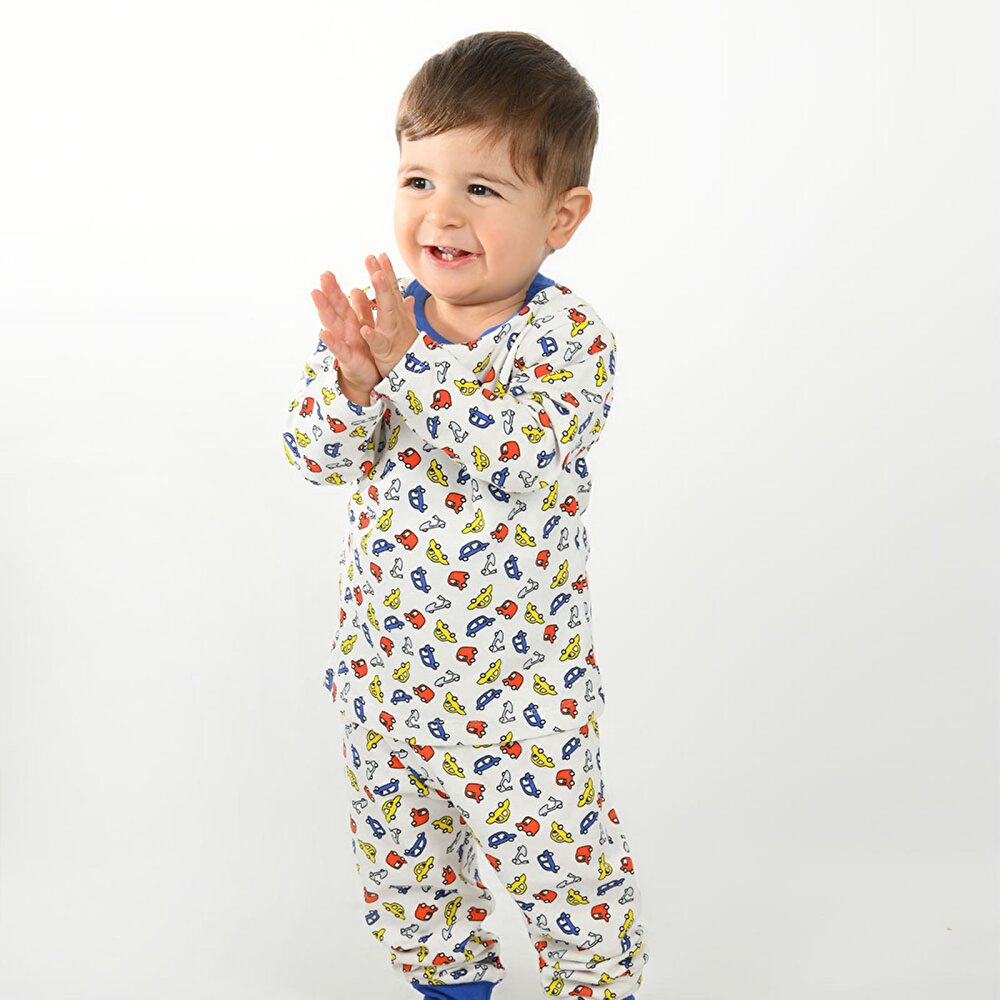 Erkek Araba Desen Çocuk Pijama Takımı Yaka Ribanalı Paça Uzun Kol
