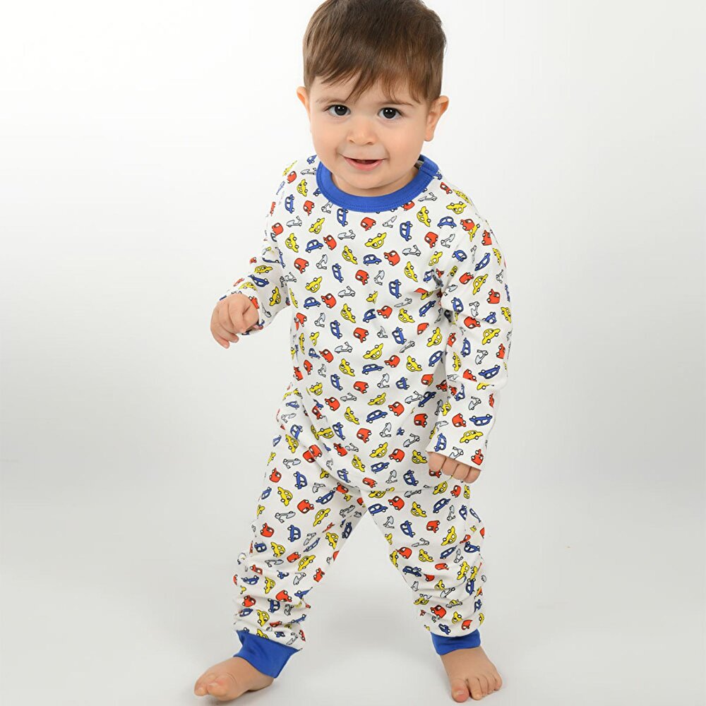 Erkek Araba Desen Çocuk Pijama Takımı Yaka Ribanalı Paça Uzun Kol