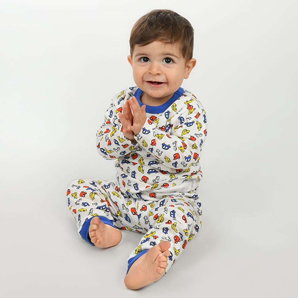 Erkek Araba Desen Çocuk Pijama Takımı Yaka Ribanalı Paça Uzun Kol