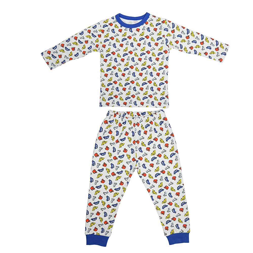 Erkek Araba Desen Çocuk Pijama Takımı Yaka Ribanalı Paça Uzun Kol