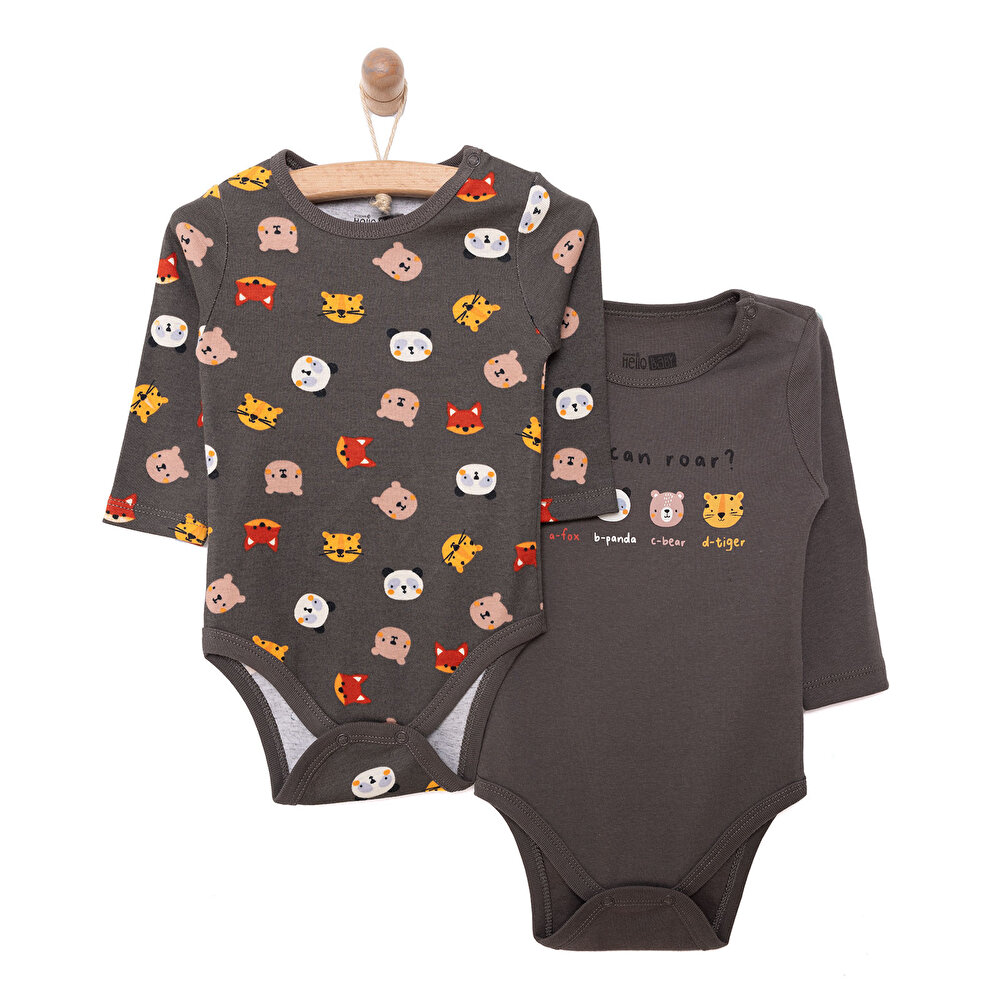 Erkek Bebek Body Hayvan Desenli Çıtçıtlı Zıbın Uzun Kol Koyu Gri