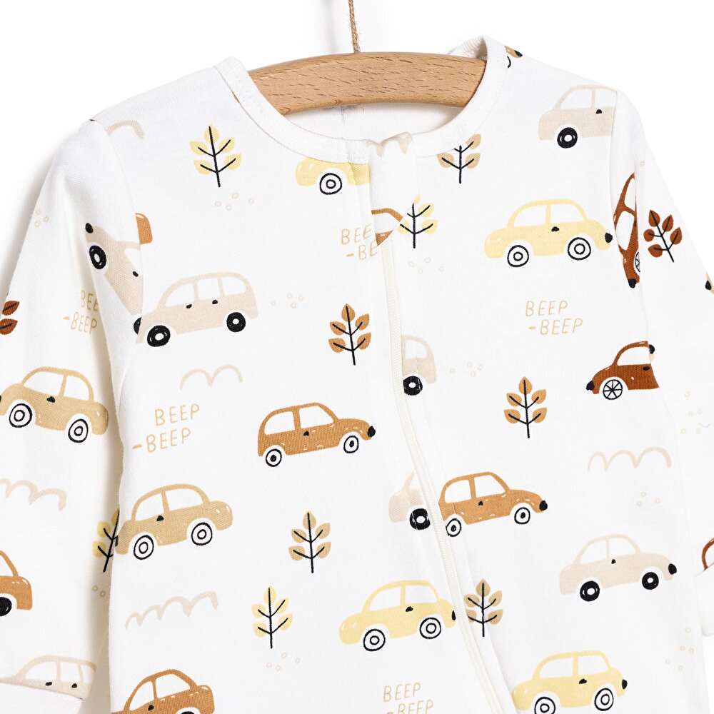 Erkek Araba Desenli Fermuarlı Patiksiz Tulum Erkek Bebek