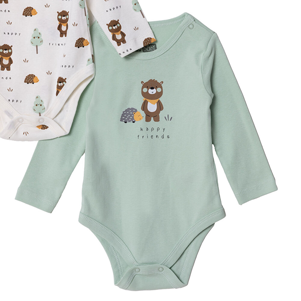 Erkek Bebek 2li Uzun Kol Body Çıtçıtlı Yaka Ribana Paça Uzun Kol