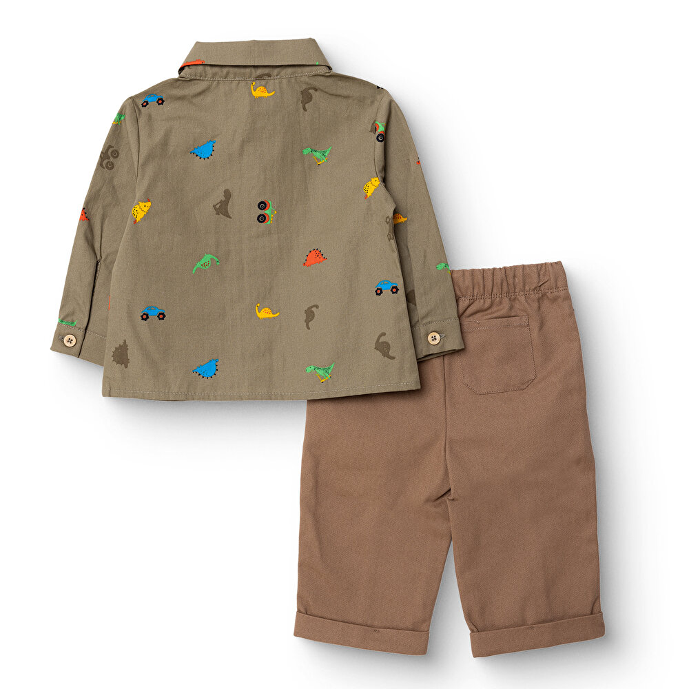 Erkek Bebek Gömlek-Pantolon Düğmeli Poplin Kapüşonlu Yaka Reçme Paça