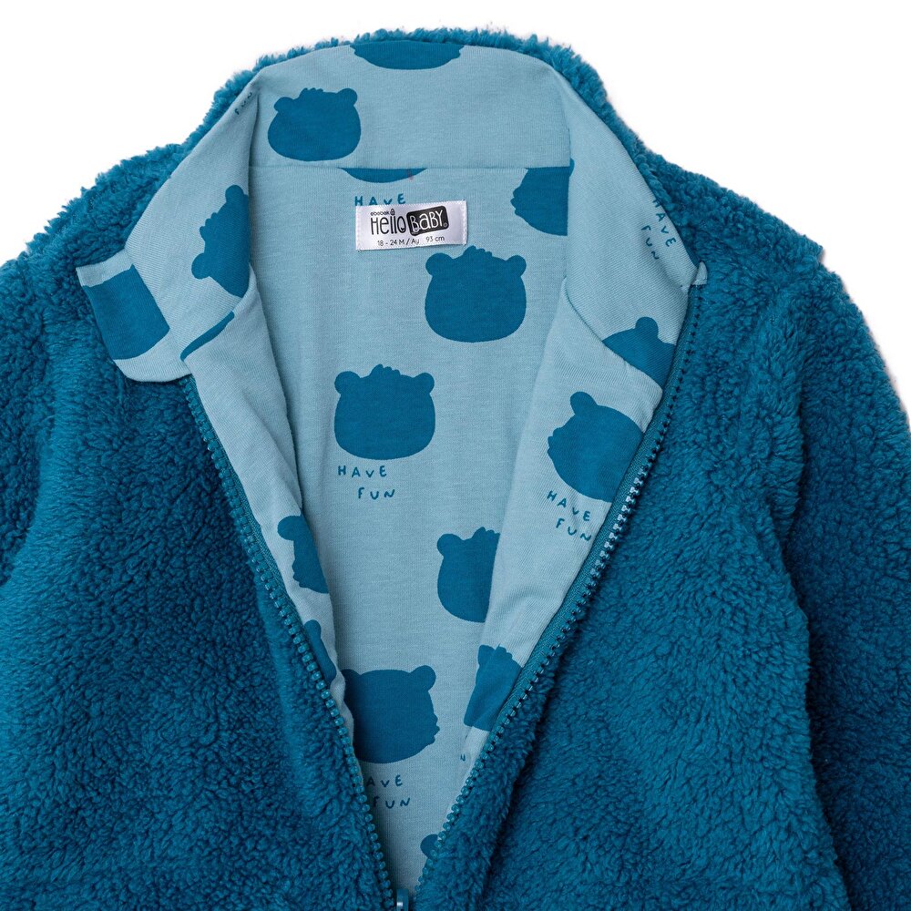 Erkek Bebek Hello Cute Bear Hırka Peluş Dik Yaka Uzun Kol