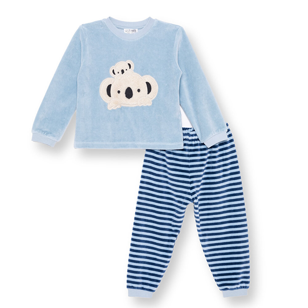 Erkek Bebek Kadife Pijama Takımı Bisiklet Yaka Uzun Kol Ribanalı Paça
