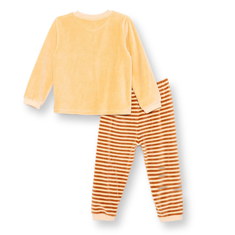 Erkek Bebek Kadife Pijama Takımı Bisiklet Yaka Uzun Kol Ribanalı Paça