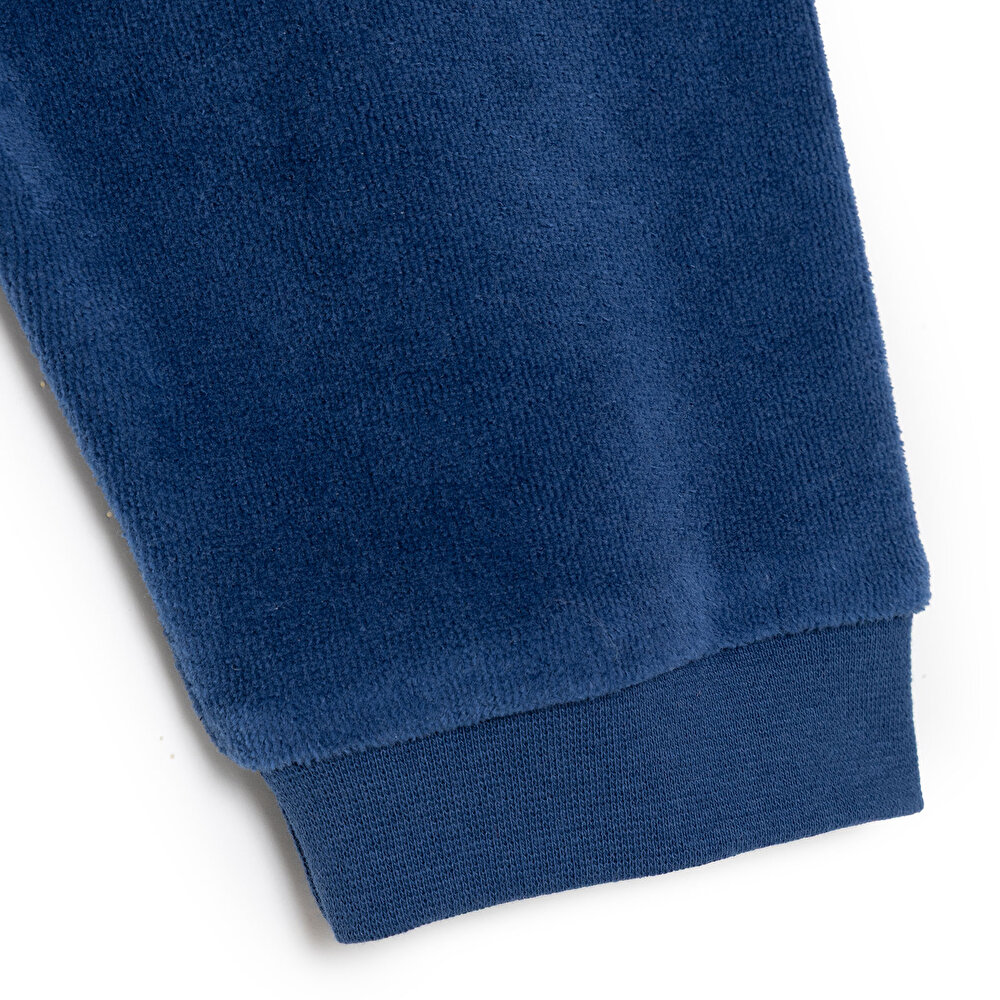 Erkek Bebek Kadife Pijama Takımı Bisiklet Yaka Uzun Kol Ribanalı Paça