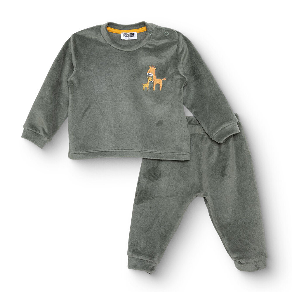 Erkek Bebek Kadife Pijama Takımı Çıtçıtlı Bisiklet Yaka Uzun Kol Ribanalı Paça
